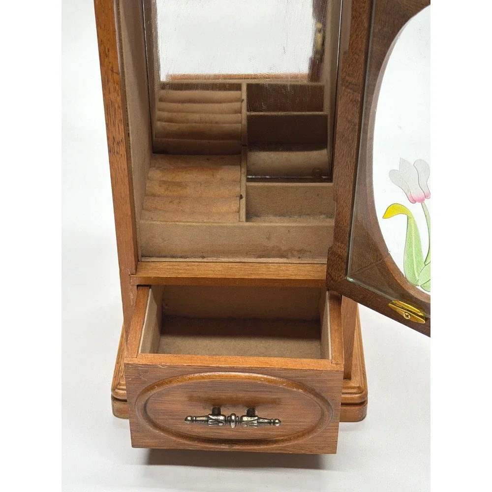 Vintage Wooden Jewelry Armoire Etched Floral Glass Door‎ Necklace Carousel Box